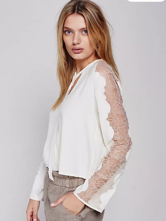 Free People Tops - Free People women's Freya Tie Front Blouse lace long sleeve top size M cream